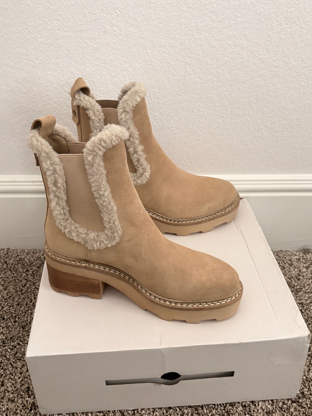 Suede Shearling Trim Calvin Klein Booties - - Beige